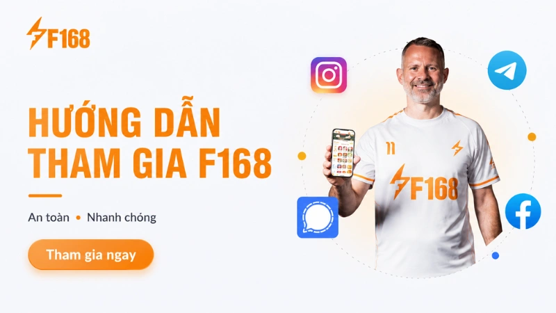 Banner hướng dẫn tham gia F168 an toàn nhanh chóng với giao diện hiện đại và logo F168